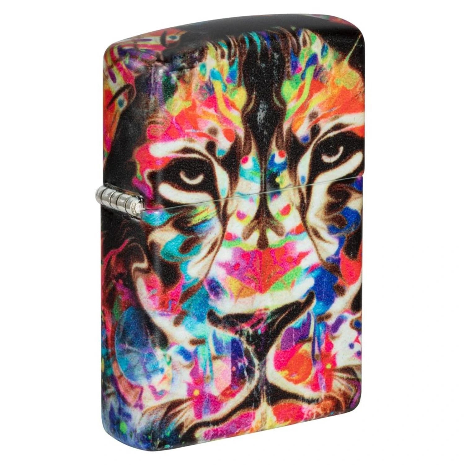 Zippo Sturmfeuerzeug Psychedelischer Tiger Design, geschlossen in Schrägansicht, buntes psychedelisches Tigermotiv in Rot, Blau, Orange und Schwarz auf mattem Finish, weißer Hintergrund